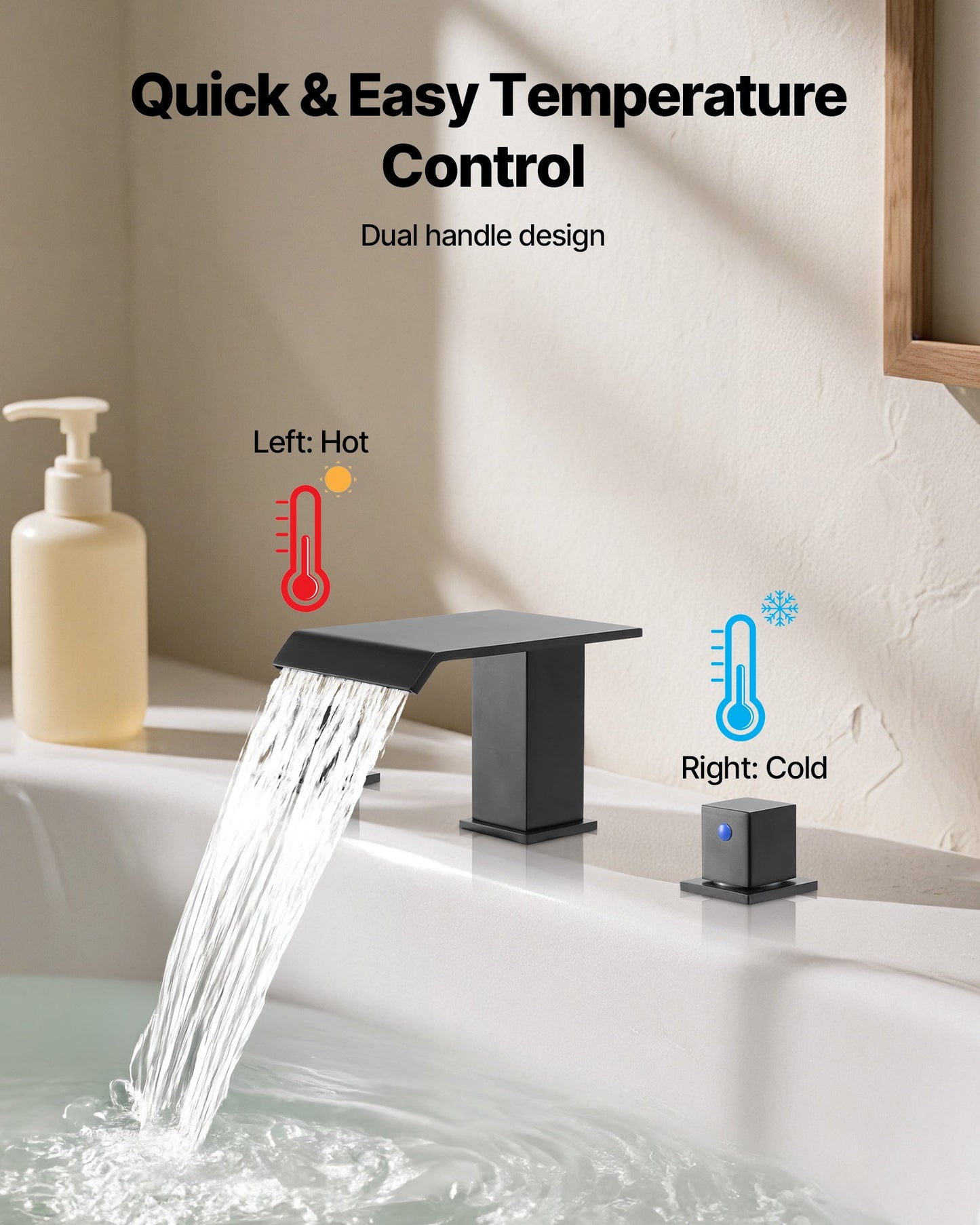 Roman Tub Faucet, 3 Hole Waterfall Bathtub Faucet, Roman Bathtub Faucets Set with 2 Handles, Deck Mount Bath Tub Faucets Set for Pet Washing, Baby Care, Adult Bathing, Matte Black, Drip-Free