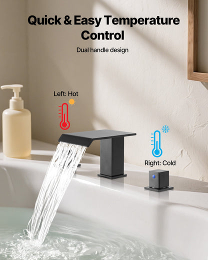 Roman Tub Faucet, 3 Hole Waterfall Bathtub Faucet, Roman Bathtub Faucets Set with 2 Handles, Deck Mount Bath Tub Faucets Set for Pet Washing, Baby Care, Adult Bathing, Matte Black, Drip-Free