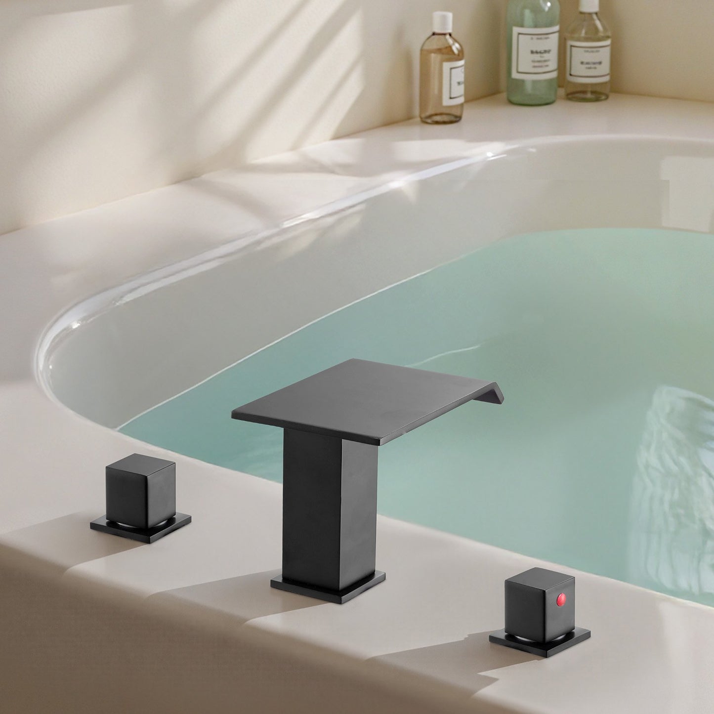 Roman Tub Faucet, 3 Hole Waterfall Bathtub Faucet, Roman Bathtub Faucets Set with 2 Handles, Deck Mount Bath Tub Faucets Set for Pet Washing, Baby Care, Adult Bathing, Matte Black, Drip-Free