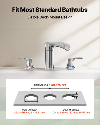 Roman Tub Faucet, 3 Hole Waterfall Bathtub Faucet, Zinc Alloy Bath Tubs Faucets Set with 2 Handles, Deck Mount Bath Tub Faucets Set for Pet Washing, Adult Bathing, Silver, Hot & Cold Control