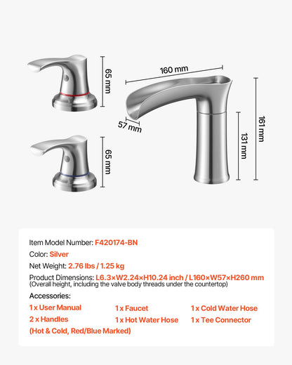 Roman Tub Faucet, 3 Hole Waterfall Bathtub Faucet, Zinc Alloy Bath Tubs Faucets Set with 2 Handles, Deck Mount Bath Tub Faucets Set for Pet Washing, Adult Bathing, Silver, Hot & Cold Control