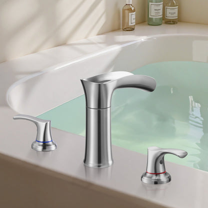 Roman Tub Faucet, 3 Hole Waterfall Bathtub Faucet, Zinc Alloy Bath Tubs Faucets Set with 2 Handles, Deck Mount Bath Tub Faucets Set for Pet Washing, Adult Bathing, Silver, Hot & Cold Control