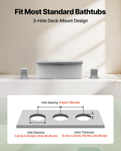 Roman Tub Faucet, 3 Hole Waterfall Bathtub Faucet, Bath Tubs Faucets Set with 2 Handles, Deck Mount Bath Tub Faucets Set for Adult Bathing, Silver, Waterfall Spout Design, Temperature Control