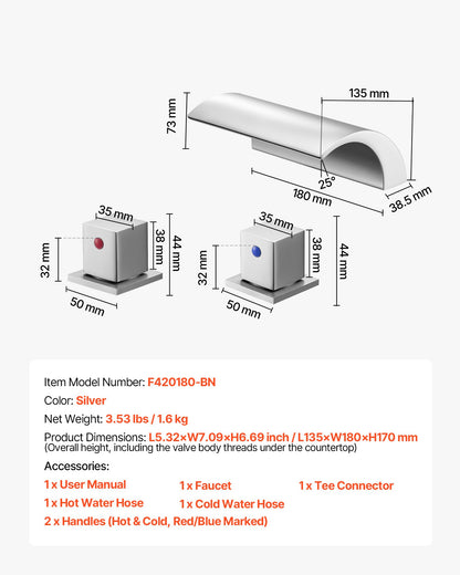 Roman Tub Faucet, 3 Hole Waterfall Bathtub Faucet, Bath Tubs Faucets Set with 2 Handles, Deck Mount Bath Tub Faucets Set for Adult Bathing, Silver, Waterfall Spout Design, Temperature Control