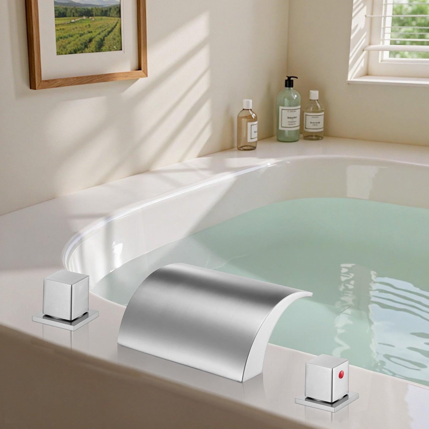 Roman Tub Faucet, 3 Hole Waterfall Bathtub Faucet, Bath Tubs Faucets Set with 2 Handles, Deck Mount Bath Tub Faucets Set for Adult Bathing, Silver, Waterfall Spout Design, Temperature Control