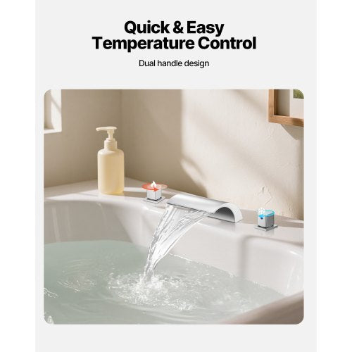 romersk badkarsblandare, badkarsblandare med 3 hål och vattenfall, romerskt badkarsblandareset med 2 handtag, badkarsblandare för däckmontering för husdjurstvätt, babyvård, vuxenbad, silver, dubbelt vattenflöde |  EU