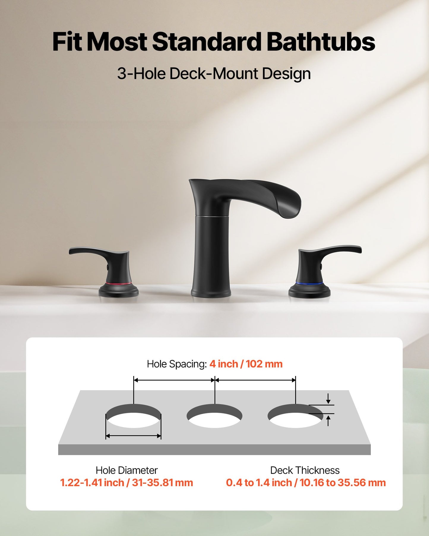 Roman Tub Faucet, 3 Hole Waterfall Bathtub Faucet, Zinc Alloy Bath Tubs Faucets Set with 2 Handles, Deck Mount Bath Tub Faucets Set for Pet Washing, Baby Care, Adult Bathing, Matte Black