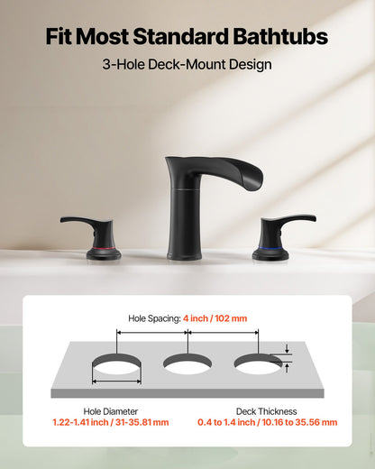 Roman Tub Faucet, 3 Hole Waterfall Bathtub Faucet, Zinc Alloy Bath Tubs Faucets Set with 2 Handles, Deck Mount Bath Tub Faucets Set for Pet Washing, Baby Care, Adult Bathing, Matte Black
