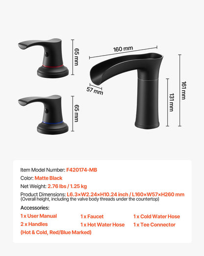 Roman Tub Faucet, 3 Hole Waterfall Bathtub Faucet, Zinc Alloy Bath Tubs Faucets Set with 2 Handles, Deck Mount Bath Tub Faucets Set for Pet Washing, Baby Care, Adult Bathing, Matte Black