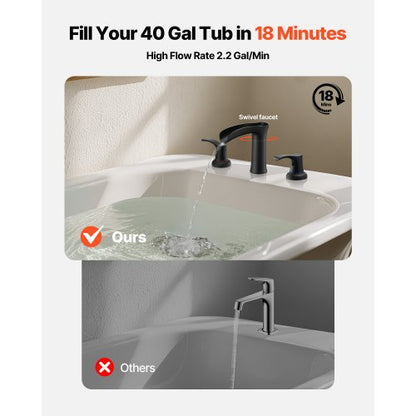 romersk badkarsblandare, 3-håls vattenfallsblandare, badkarsblandare i zinklegering med 2 handtag, romerska badkarsblandare däckmonterade för husdjurstvätt, bad för vuxna, mattsvart, temperaturkontroll |  EU