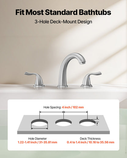Roman Tub Faucet, 3 Hole Waterfall Bathtub Faucet, Gooseneck Bath Tubs Faucets Set with 2 Handles, Roman Tub Faucets Deck Mount for Adult Bathing, Brushed Stainless Steel, High Arc Spout