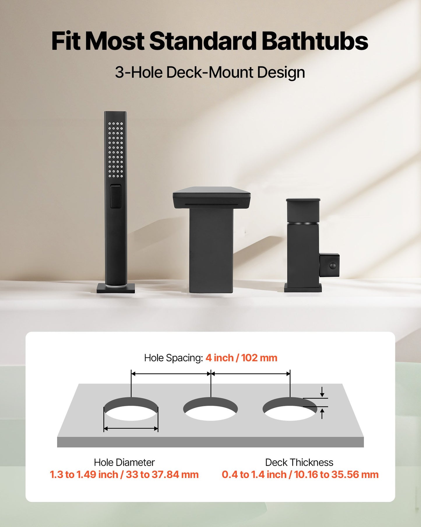 Roman Tub Faucet, 3 Hole Waterfall Bathtub Faucet, Roman Bathtub Faucets Set with Shower Head & 1 Handle, Romans Bathtub Faucets for Pet Washing, Adult Bathing, Matte Black, Stainless Steel