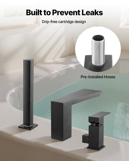 Roman Tub Faucet, 3 Hole Waterfall Bathtub Faucet, Roman Bathtub Faucets Set with Shower Head & 1 Handle, Romans Bathtub Faucets for Pet Washing, Adult Bathing, Matte Black, Stainless Steel