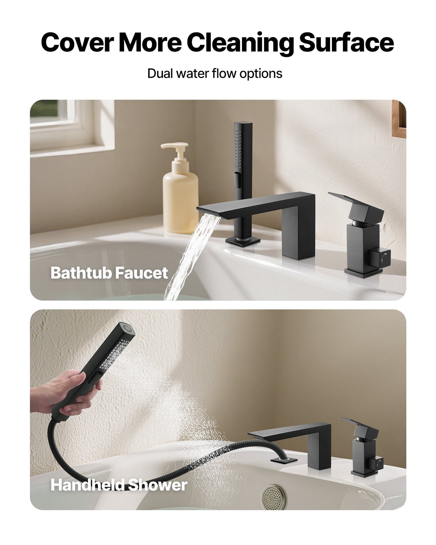 Roman Tub Faucet, 3 Hole Waterfall Bathtub Faucet, Roman Bathtub Faucets Set with Shower Head & 1 Handle, Romans Bathtub Faucets for Pet Washing, Adult Bathing, Matte Black, Stainless Steel