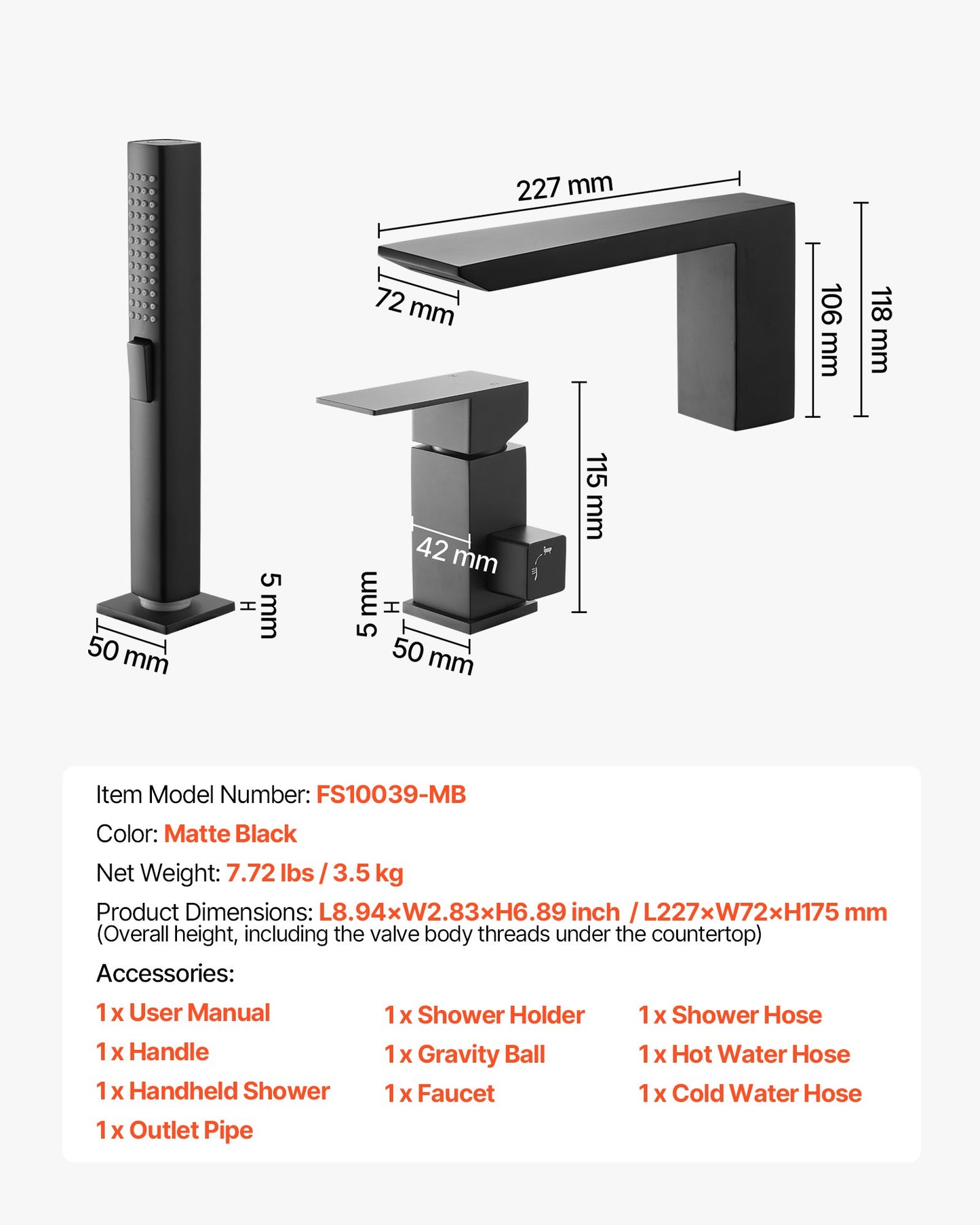 Roman Tub Faucet, 3 Hole Waterfall Bathtub Faucet, Roman Bathtub Faucets Set with Shower Head & 1 Handle, Romans Bathtub Faucets for Pet Washing, Adult Bathing, Matte Black, Stainless Steel