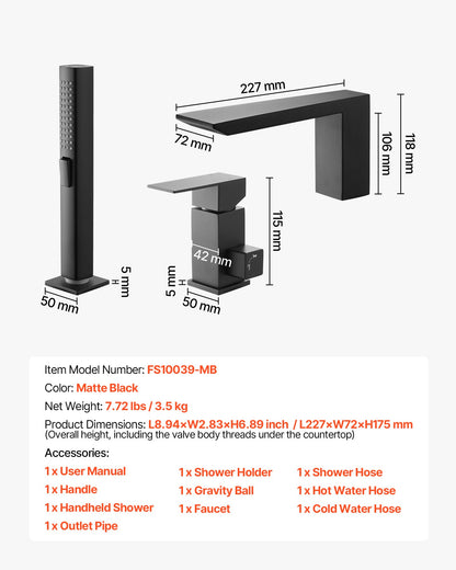 Roman Tub Faucet, 3 Hole Waterfall Bathtub Faucet, Roman Bathtub Faucets Set with Shower Head & 1 Handle, Romans Bathtub Faucets for Pet Washing, Adult Bathing, Matte Black, Stainless Steel