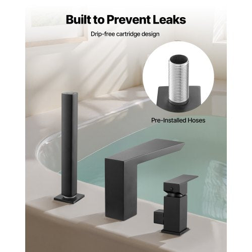 romersk badkarsblandare, badkarsblandare med 3 hål och vattenfall, romerskt badkarsblandareset med duschmunstycke och 1 handtag, badkarsblandareset för däckmontering för babyvård, mattsvart, rostfritt stål, droppfri |  EU