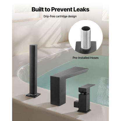 romersk badkarsblandare, badkarsblandare med 3 hål och vattenfall, romerskt badkarsblandareset med duschmunstycke och 1 handtag, badkarsblandareset för däckmontering för babyvård, mattsvart, rostfritt stål, droppfri |  EU