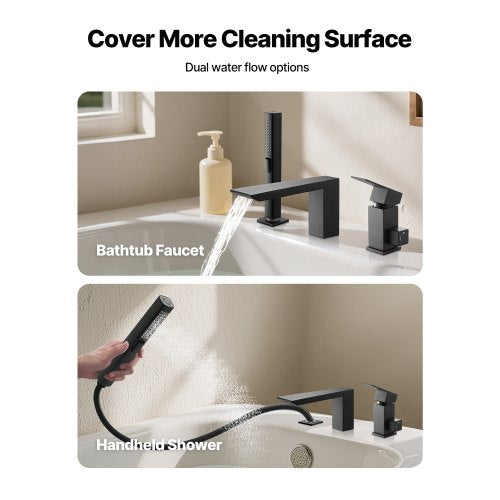 romersk badkarsblandare, badkarsblandare med 3 hål och vattenfall, romerskt badkarsblandareset med duschmunstycke och 1 handtag, badkarsblandareset för däckmontering för babyvård, mattsvart, rostfritt stål, droppfri |  EU