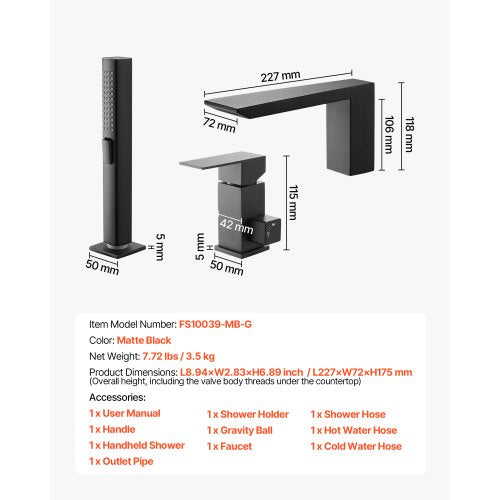 romersk badkarsblandare, badkarsblandare med 3 hål och vattenfall, romerskt badkarsblandareset med duschmunstycke och 1 handtag, badkarsblandareset för däckmontering för babyvård, mattsvart, rostfritt stål, droppfri |  EU