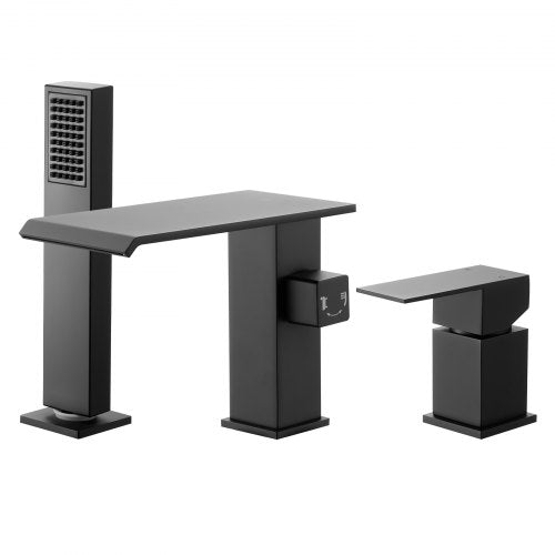 Roman Tub Faucet, 3 Hole Waterfall Bathtub Faucet, Roman Bathtub Faucets Set with Shower Head & 1 Handle, Deck Mount Bath Tub Faucets Set for Pet Washing, Baby Care, Adult Bathing, Matte Black