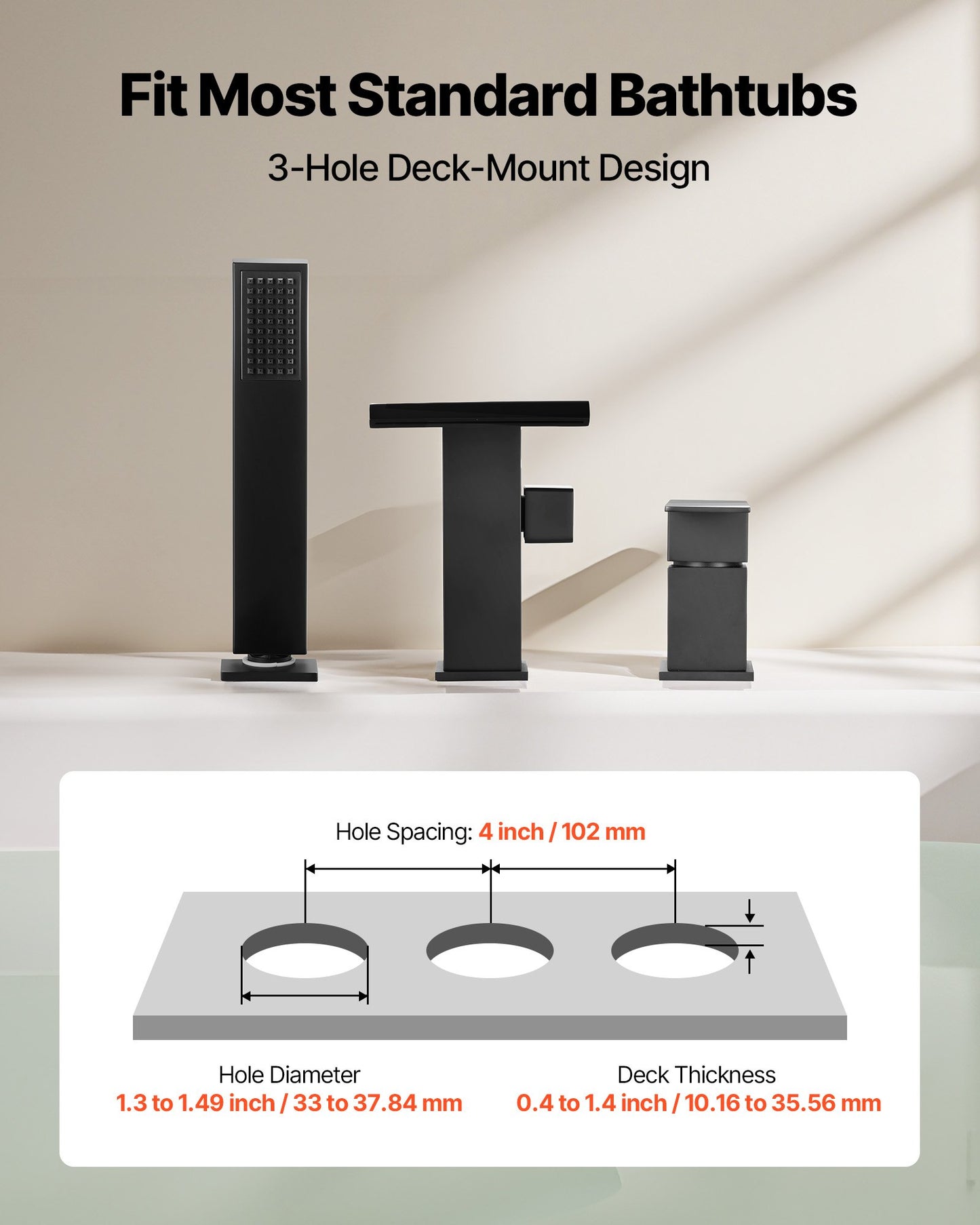 Roman Tub Faucet, 3 Hole Waterfall Bathtub Faucet, Roman Bathtub Faucets Set with Shower Head & 1 Handle, Deck Mount Bath Tub Faucets Set for Pet Washing, Baby Care, Adult Bathing, Matte Black