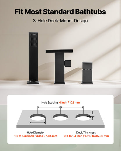 Roman Tub Faucet, 3 Hole Waterfall Bathtub Faucet, Roman Bathtub Faucets Set with Shower Head & 1 Handle, Deck Mount Bath Tub Faucets Set for Pet Washing, Baby Care, Adult Bathing, Matte Black