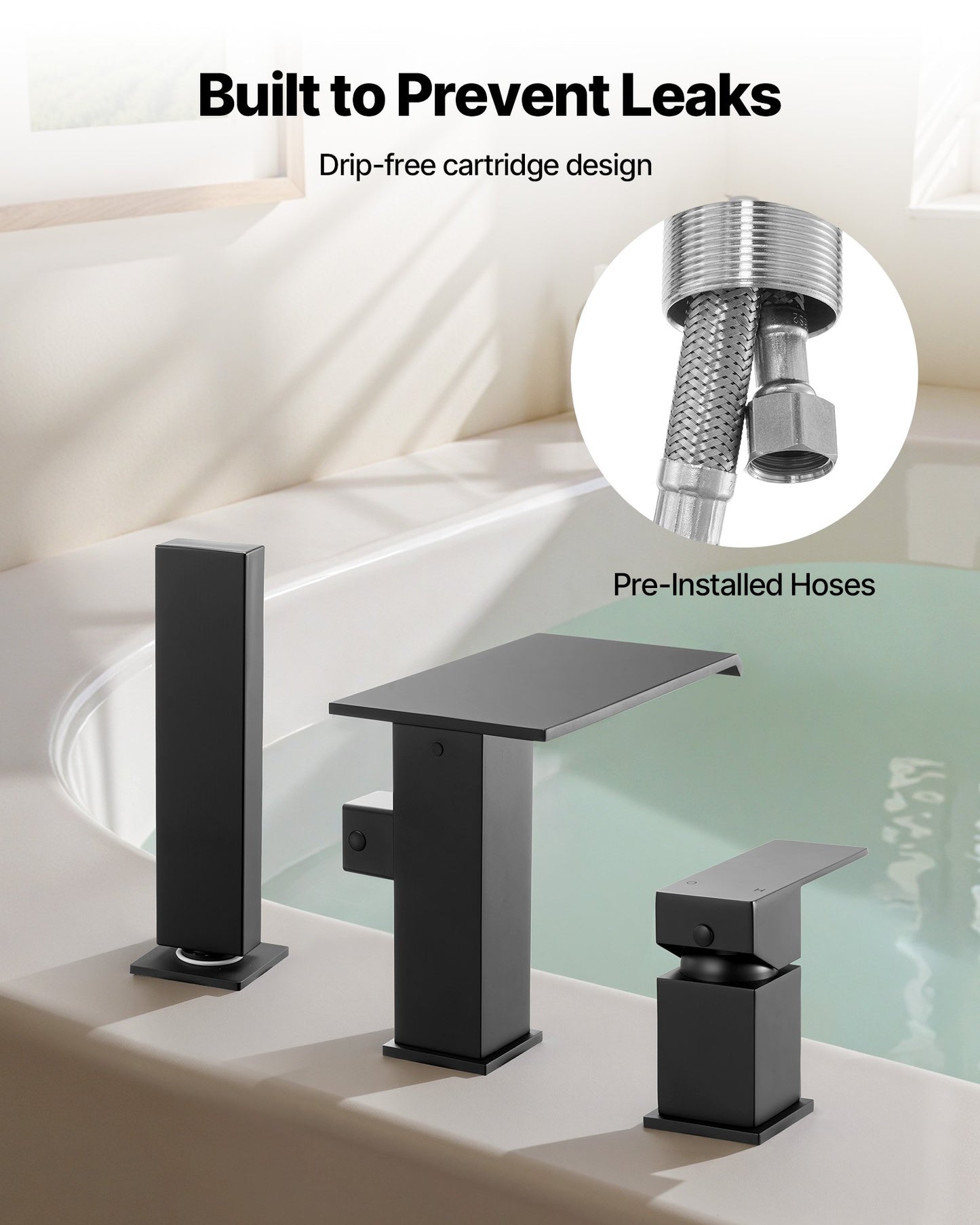 Roman Tub Faucet, 3 Hole Waterfall Bathtub Faucet, Roman Bathtub Faucets Set with Shower Head & 1 Handle, Deck Mount Bath Tub Faucets Set for Pet Washing, Baby Care, Adult Bathing, Matte Black