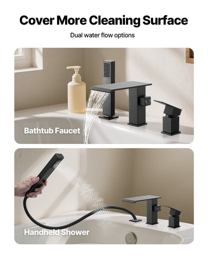 Roman Tub Faucet, 3 Hole Waterfall Bathtub Faucet, Roman Bathtub Faucets Set with Shower Head & 1 Handle, Deck Mount Bath Tub Faucets Set for Pet Washing, Baby Care, Adult Bathing, Matte Black