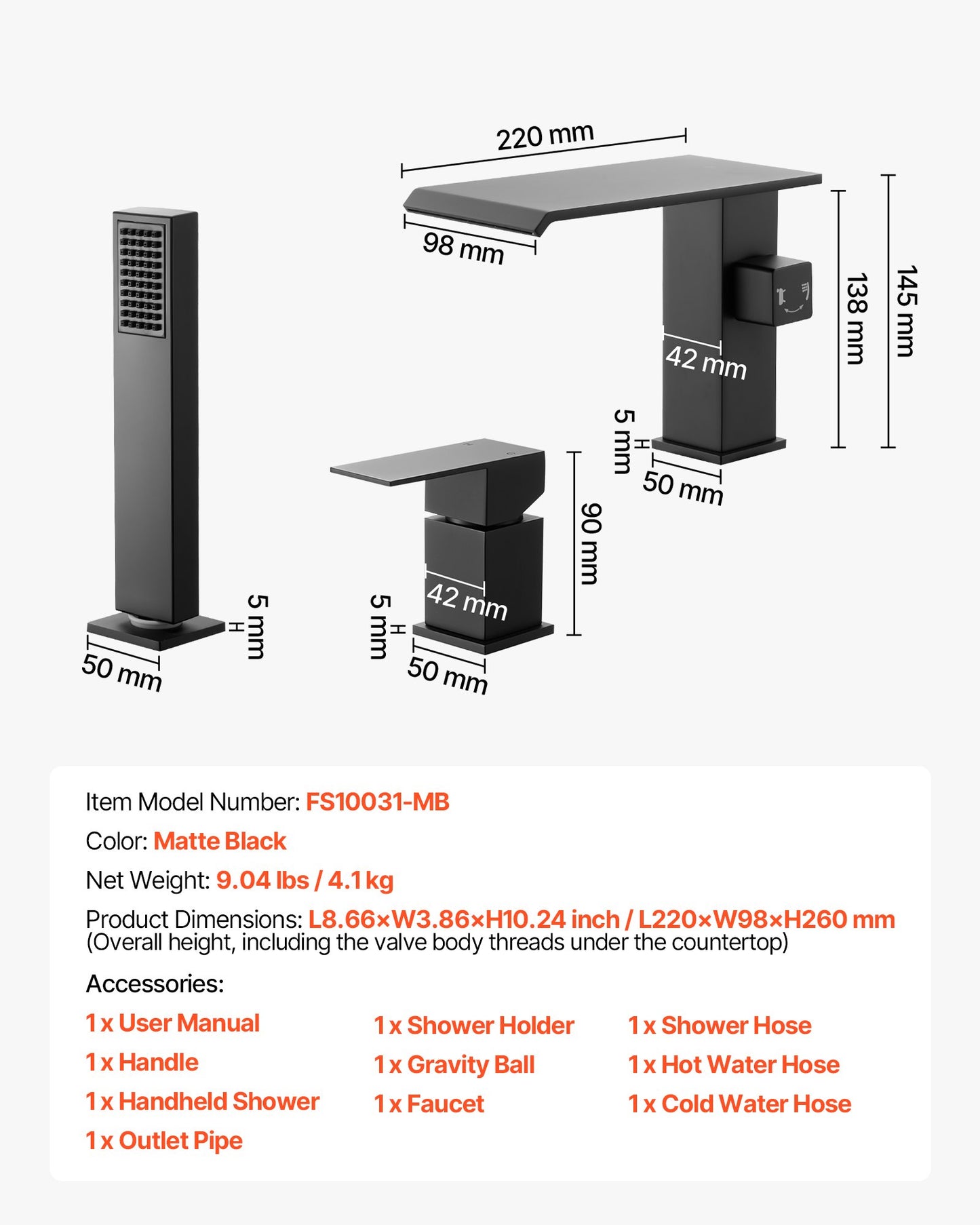 Roman Tub Faucet, 3 Hole Waterfall Bathtub Faucet, Roman Bathtub Faucets Set with Shower Head & 1 Handle, Deck Mount Bath Tub Faucets Set for Pet Washing, Baby Care, Adult Bathing, Matte Black