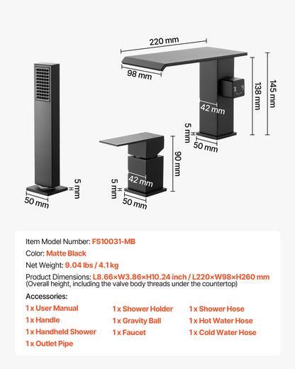 Roman Tub Faucet, 3 Hole Waterfall Bathtub Faucet, Roman Bathtub Faucets Set with Shower Head & 1 Handle, Deck Mount Bath Tub Faucets Set for Pet Washing, Baby Care, Adult Bathing, Matte Black