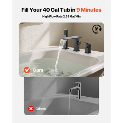 romersk badkarsblandare, badkarsblandare med 3 hål och vattenfall, romerskt badkarsblandareset med duschmunstycke och 1 handtag, badkarsblandareset för badkar med däckmontering för vuxna, mattsvart, dubbla vattenflödesalternativ |  EU