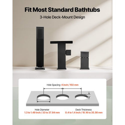 romersk badkarsblandare, badkarsblandare med 3 hål och vattenfall, romerskt badkarsblandareset med duschmunstycke och 1 handtag, badkarsblandareset för badkar med däckmontering för vuxna, mattsvart, dubbla vattenflödesalternativ |  EU