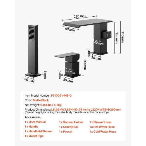 romersk badkarsblandare, badkarsblandare med 3 hål och vattenfall, romerskt badkarsblandareset med duschmunstycke och 1 handtag, badkarsblandareset för badkar med däckmontering för vuxna, mattsvart, dubbla vattenflödesalternativ |  EU
