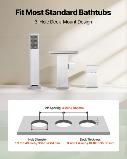 Roman Tub Faucet, 3 Hole Waterfall Bathtub Faucet, Roman Bathtub Faucets Set with Shower Head & 1 Handle, Deck Mount Bath Tub Faucets Set for Adult Bathing, Brushed Stainless Steel, Drip-Free