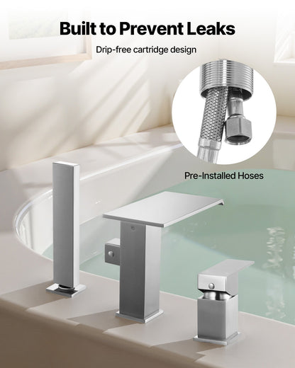 Roman Tub Faucet, 3 Hole Waterfall Bathtub Faucet, Roman Bathtub Faucets Set with Shower Head & 1 Handle, Deck Mount Bath Tub Faucets Set for Adult Bathing, Brushed Stainless Steel, Drip-Free