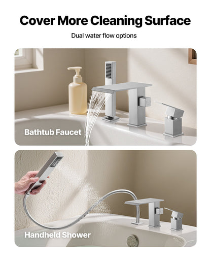Roman Tub Faucet, 3 Hole Waterfall Bathtub Faucet, Roman Bathtub Faucets Set with Shower Head & 1 Handle, Deck Mount Bath Tub Faucets Set for Adult Bathing, Brushed Stainless Steel, Drip-Free