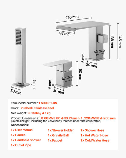 Roman Tub Faucet, 3 Hole Waterfall Bathtub Faucet, Roman Bathtub Faucets Set with Shower Head & 1 Handle, Deck Mount Bath Tub Faucets Set for Adult Bathing, Brushed Stainless Steel, Drip-Free