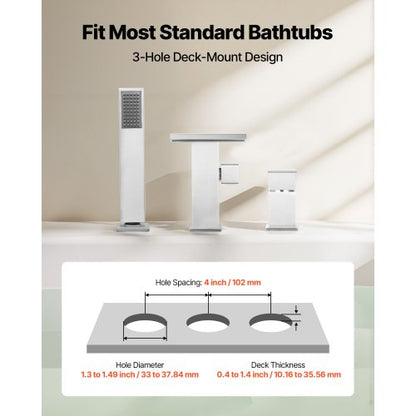 romersk badkarsblandare, badkarsblandare med 3 hål och vattenfall, utbredda romerska badkarsblandare med duschmunstycke och 1 handtag, romerska badkarsblandare för husdjurstvätt, bad för vuxna, borstat rostfritt stål |  EU