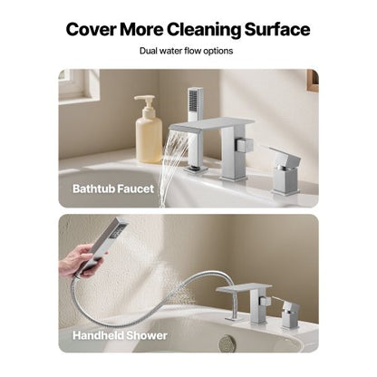 romersk badkarsblandare, badkarsblandare med 3 hål och vattenfall, utbredda romerska badkarsblandare med duschmunstycke och 1 handtag, romerska badkarsblandare för husdjurstvätt, bad för vuxna, borstat rostfritt stål |  EU