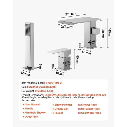 romersk badkarsblandare, badkarsblandare med 3 hål och vattenfall, utbredda romerska badkarsblandare med duschmunstycke och 1 handtag, romerska badkarsblandare för husdjurstvätt, bad för vuxna, borstat rostfritt stål |  EU