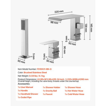 romersk badkarsblandare, badkarsblandare med 3 hål och vattenfall, utbredda romerska badkarsblandare med duschmunstycke och 1 handtag, romerska badkarsblandare för husdjurstvätt, bad för vuxna, borstat rostfritt stål |  EU
