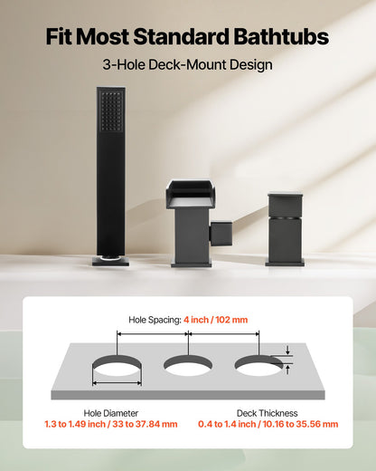 Roman Tub Faucet, 3 Hole Waterfall Bathtub Faucet, Widespread Roman Tub Faucets with Shower Head & 1 Handle, Romans Bathtub Faucets for Pet Washing, Adult Bathing, Matte Black, Dual Water Flow