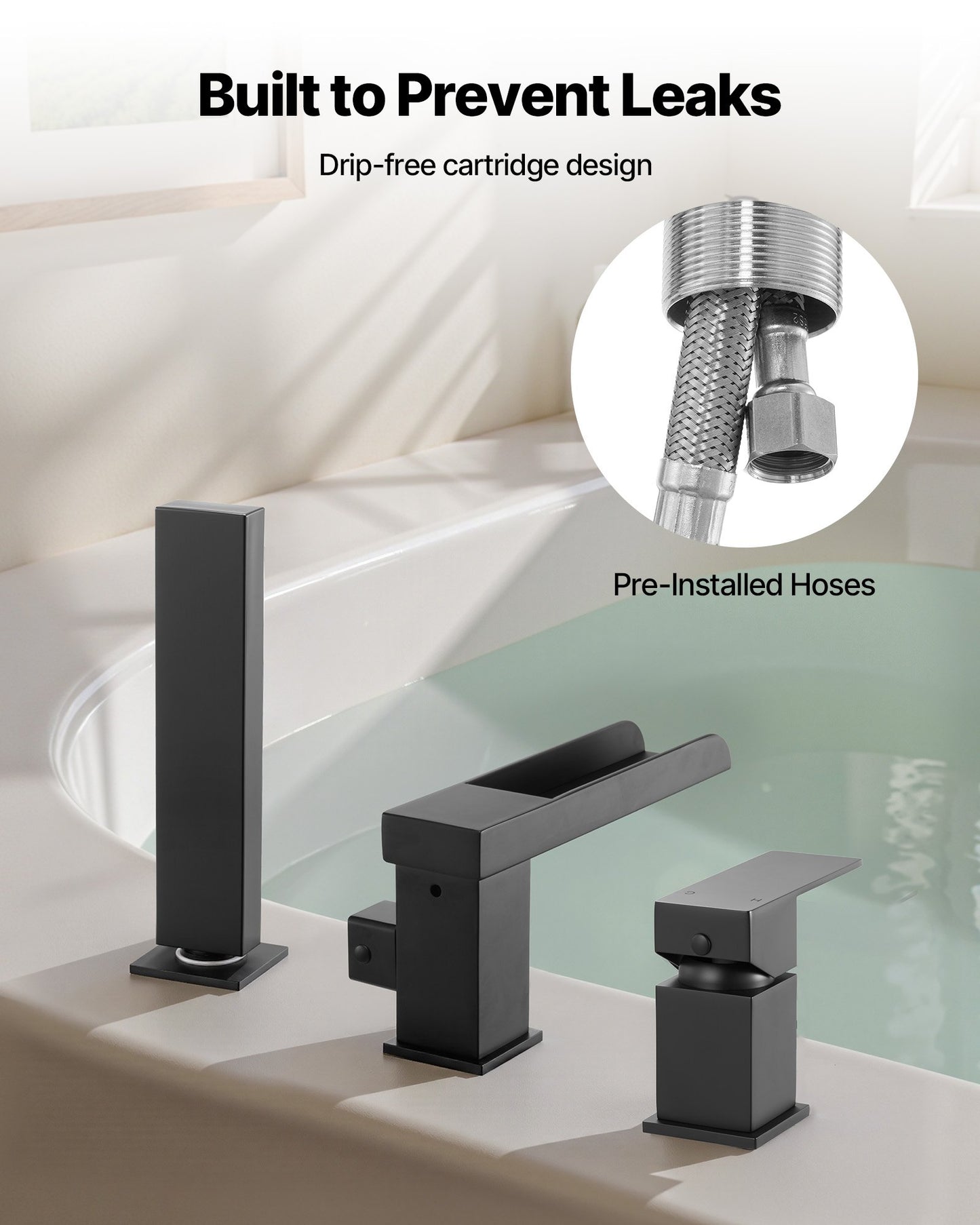 Roman Tub Faucet, 3 Hole Waterfall Bathtub Faucet, Widespread Roman Tub Faucets with Shower Head & 1 Handle, Romans Bathtub Faucets for Pet Washing, Adult Bathing, Matte Black, Dual Water Flow