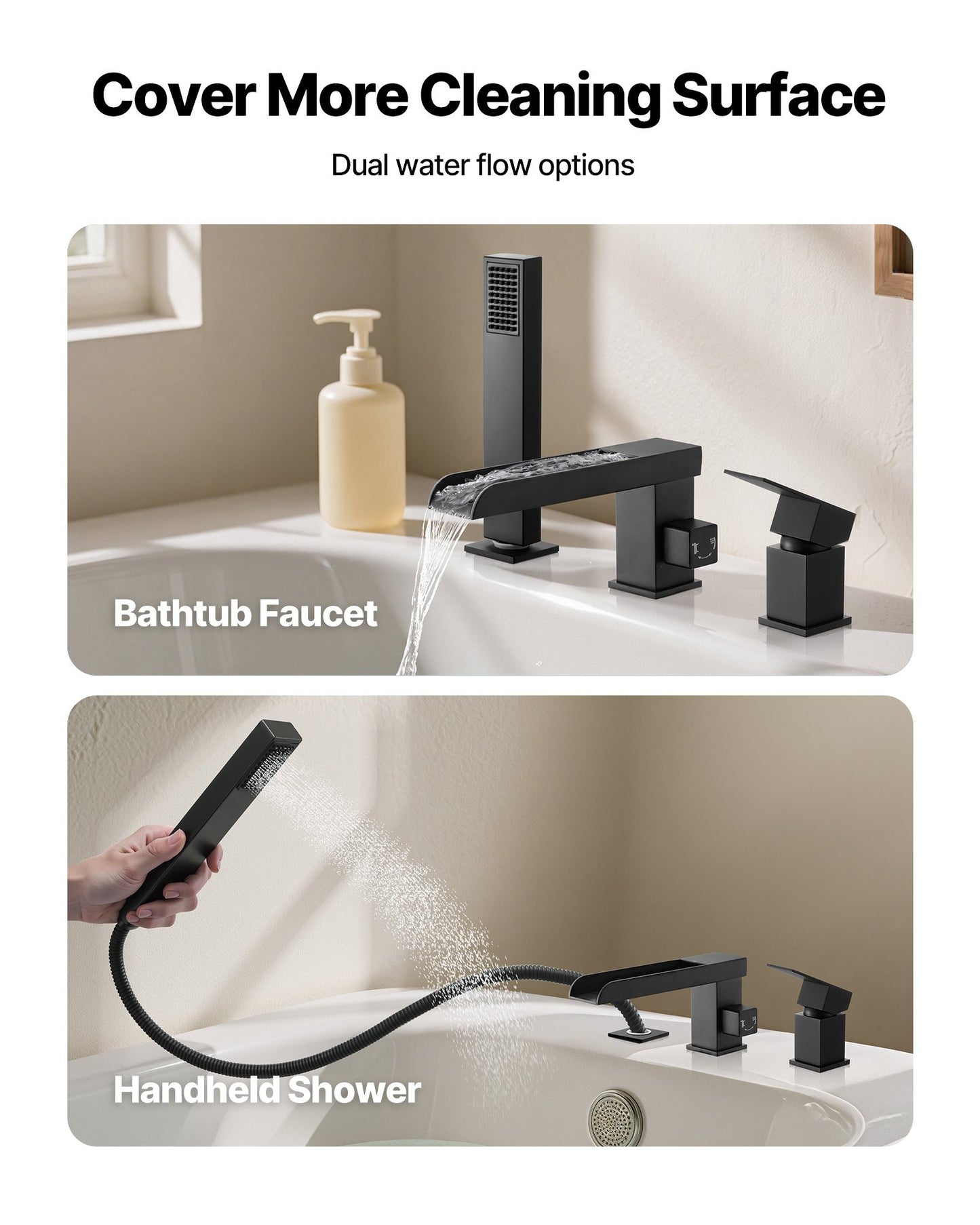 Roman Tub Faucet, 3 Hole Waterfall Bathtub Faucet, Widespread Roman Tub Faucets with Shower Head & 1 Handle, Romans Bathtub Faucets for Pet Washing, Adult Bathing, Matte Black, Dual Water Flow