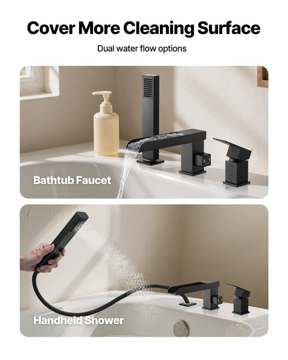 Roman Tub Faucet, 3 Hole Waterfall Bathtub Faucet, Widespread Roman Tub Faucets with Shower Head & 1 Handle, Romans Bathtub Faucets for Pet Washing, Adult Bathing, Matte Black, Dual Water Flow
