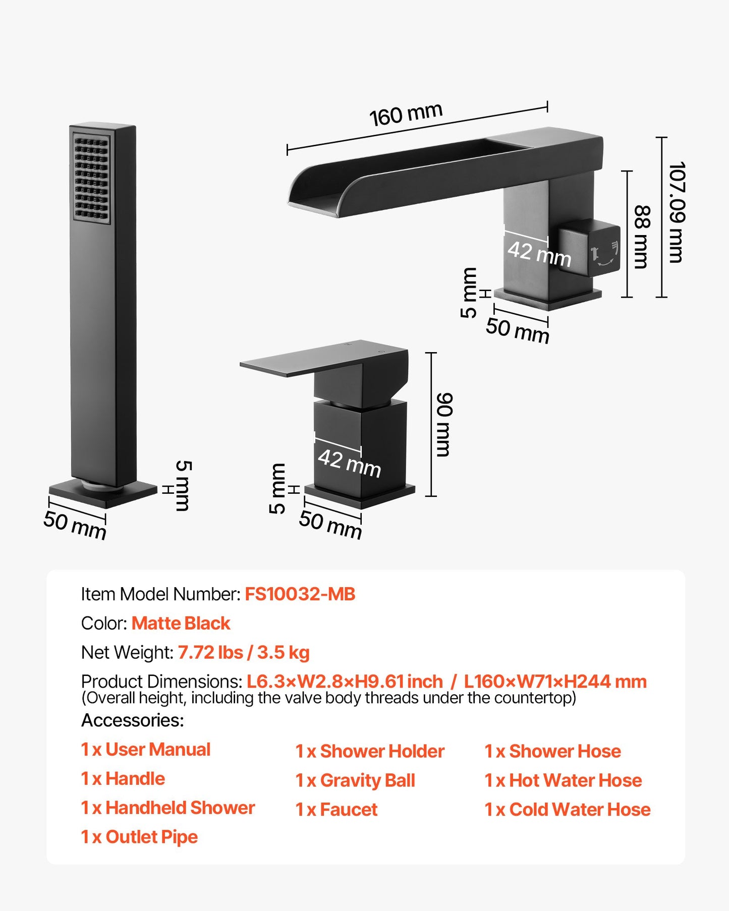 Roman Tub Faucet, 3 Hole Waterfall Bathtub Faucet, Widespread Roman Tub Faucets with Shower Head & 1 Handle, Romans Bathtub Faucets for Pet Washing, Adult Bathing, Matte Black, Dual Water Flow