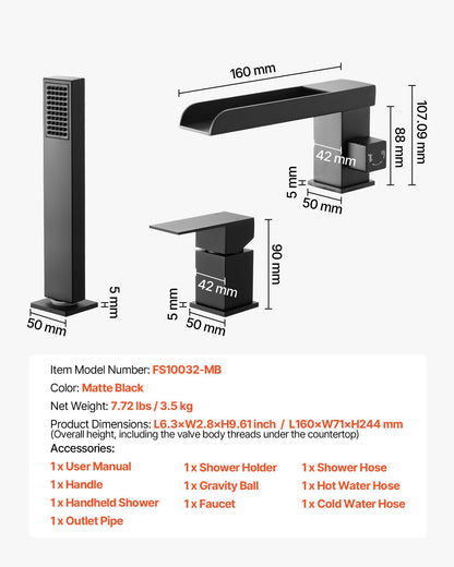 Roman Tub Faucet, 3 Hole Waterfall Bathtub Faucet, Widespread Roman Tub Faucets with Shower Head & 1 Handle, Romans Bathtub Faucets for Pet Washing, Adult Bathing, Matte Black, Dual Water Flow