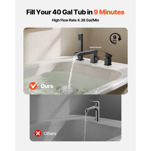 romersk badkarsblandare, badkarsblandare med 3 hål och vattenfall, utbredda romerska badkarsblandare med duschmunstycke och 1 handtag, romerska badkarsblandare för husdjurstvätt, bad för vuxna, mattsvart, rostfritt stål |  EU