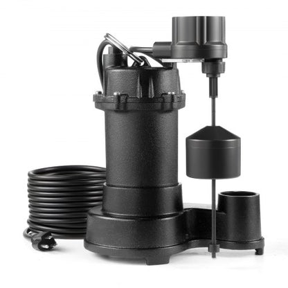 Submersible Sewage Pump, 1/3 HP, 3000 GPH Cast Iron Sewage/Effluent Pump with Automatic Float Switch, 1.5-Inch NPT Discharge, 120V, 25 ft Lift, for Basement, Septic Tank, Residential Sump Basin